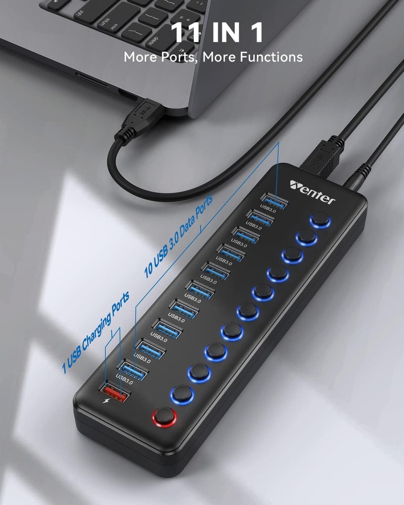Wenter Powered USB Hub, 11-Port USB Splitter Hub (10 Faster Data Transfer Ports+ 1 Smart Charging Port) with Individual LED On/Off Switches, USB Hub 3.0 Powered with Power Adapter for Mac, PC - Image 2
